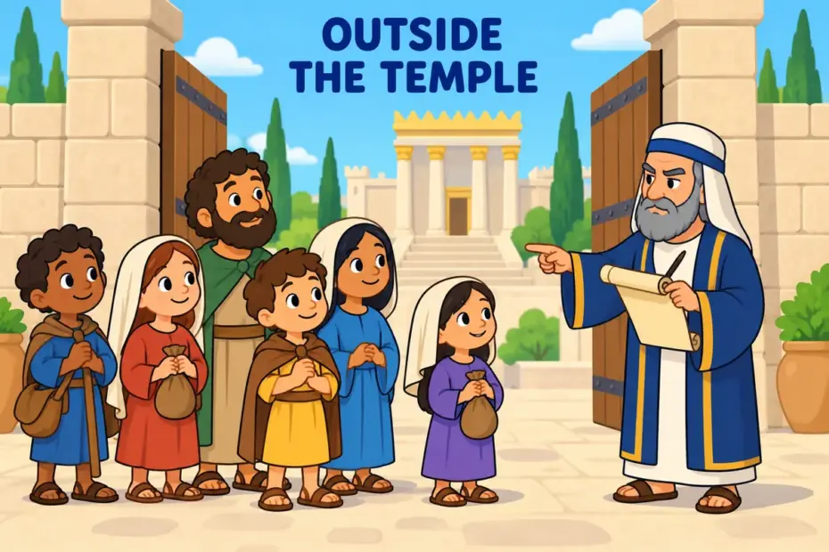 Cartoon villagers outside a temple gate are called heathens by a scribe, illustrating heathen in a sentence.