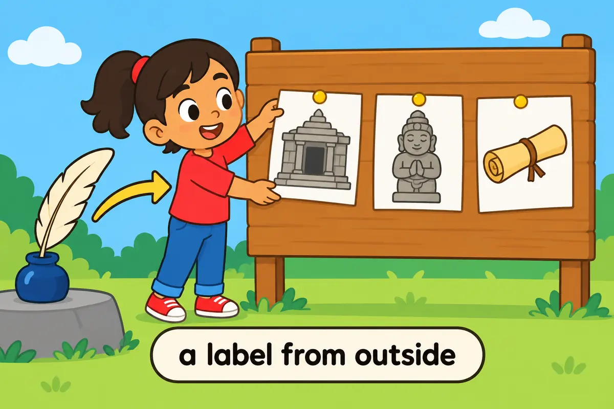 Three cartoon cards show an empty temple, a carved idol and a scroll, the kinds of things labelled heathen by outsiders.