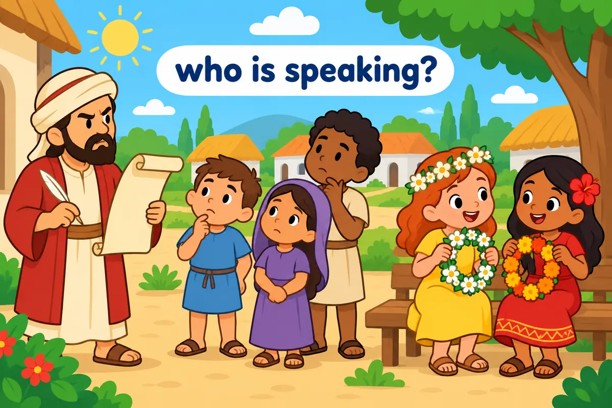 A single cartoon scene contrasts a scribe calling villagers heathen with two neighbours calmly comparing their festivals.