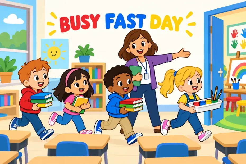 A fast sequence of classroom tasks illustrates hectic in a sentence as very busy and nonstop.