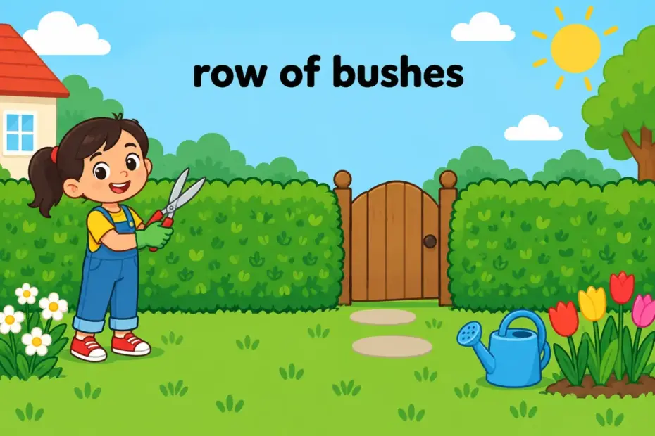 A cartoon child trims a long garden hedge, showing hedge in a sentence as a row of bushes that marks a boundary.