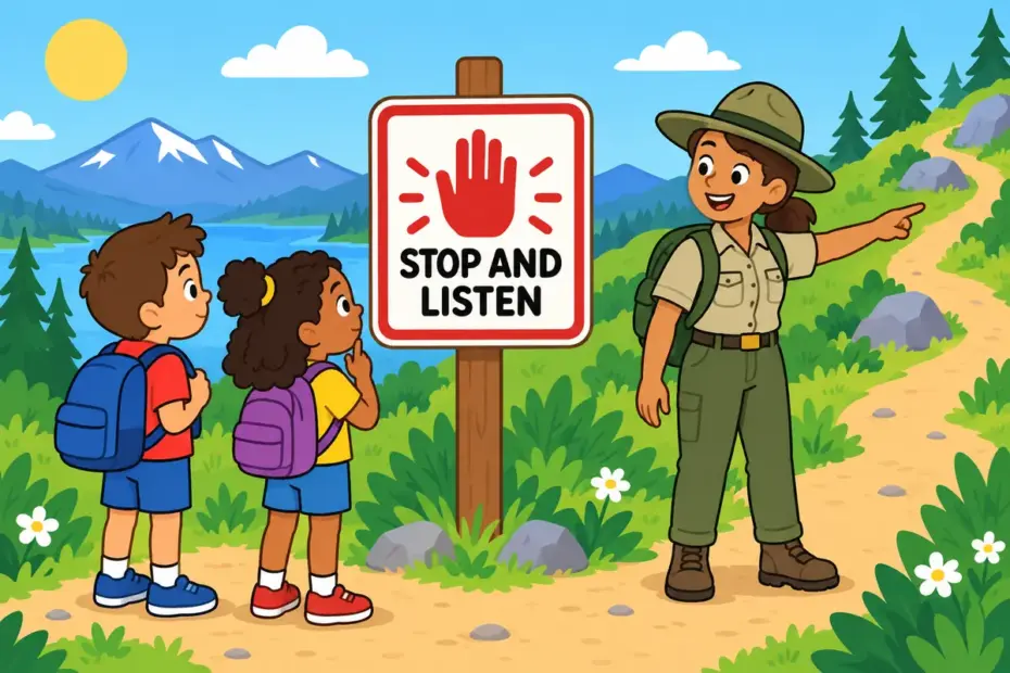 Cartoon children pause to read a bold warning sign on a path, showing heed in a sentence as careful attention.