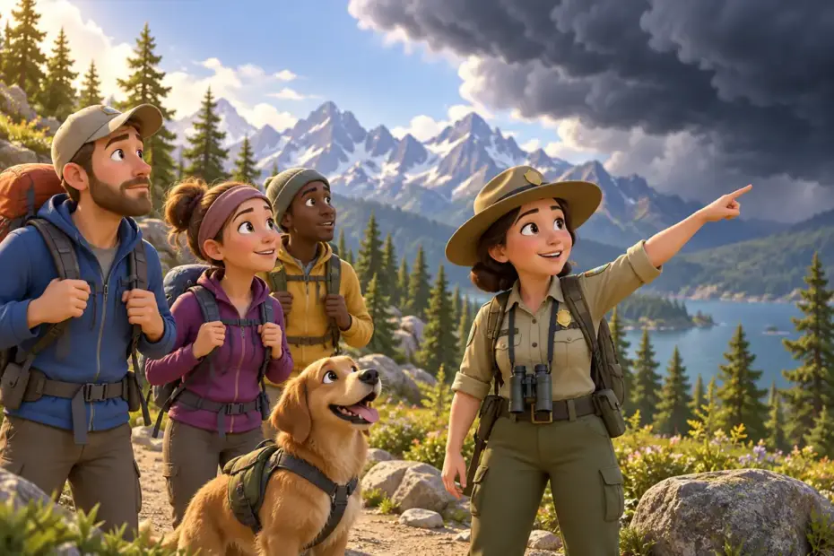 A park ranger points toward a dark cloud while hikers stand on a trail.