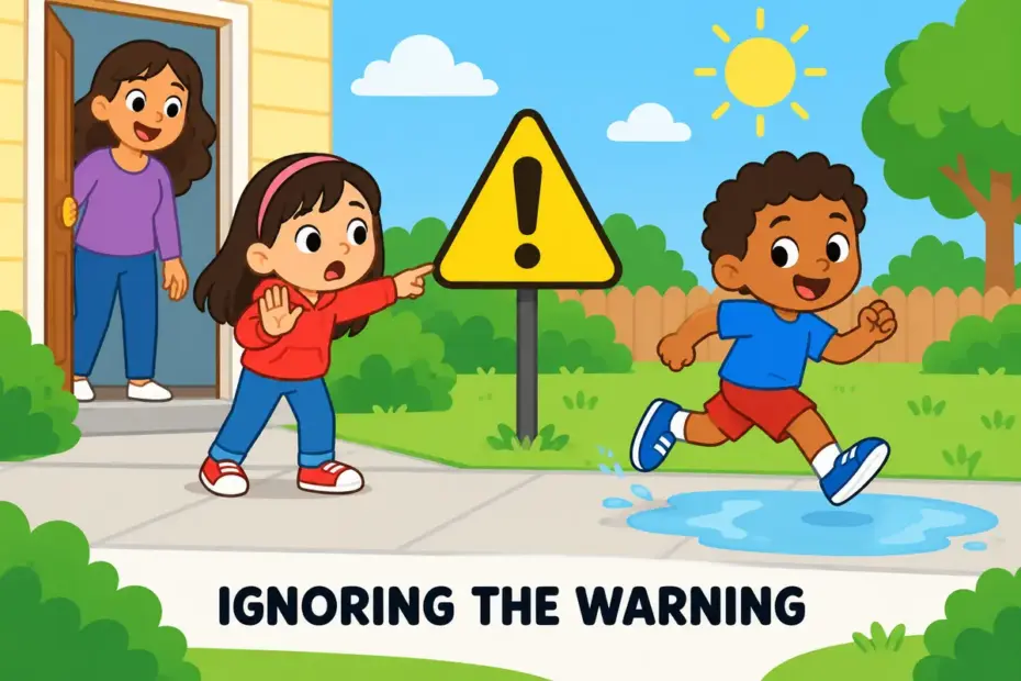 A cartoon child runs past a flashing warning sign towards a puddle, illustrating heedless in a sentence as ignoring advice.