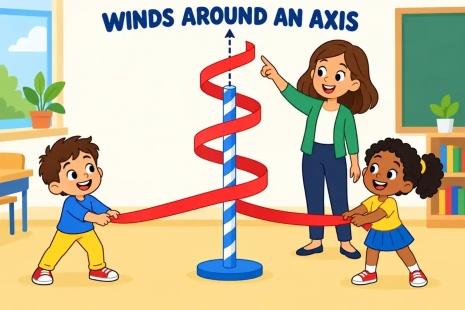 Cartoon children trace a glowing helix rising around a pole, showing helix in a sentence as a curve that winds around an axis.