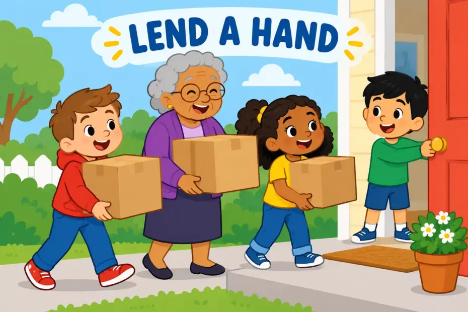 Cartoon children carry boxes together for a neighbour, showing help out in a sentence as sharing a task.