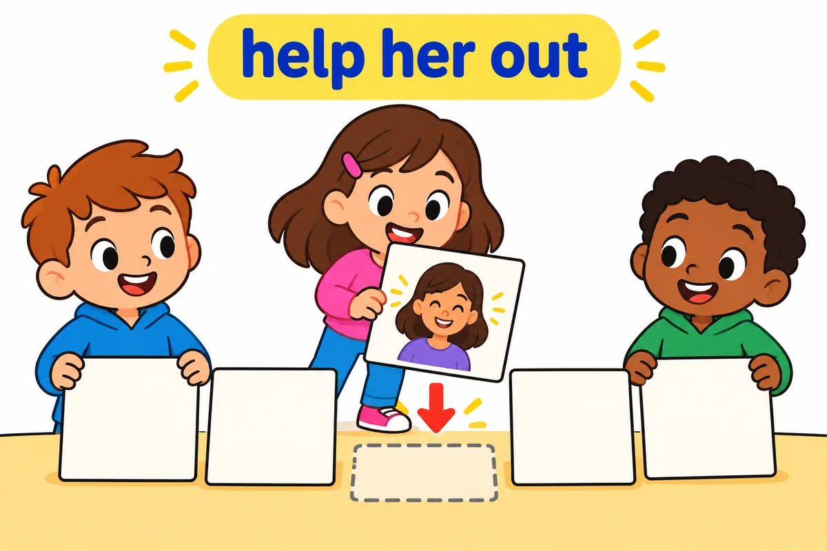 Three cartoon children arrange picture cards so a person slides between the words help and out.