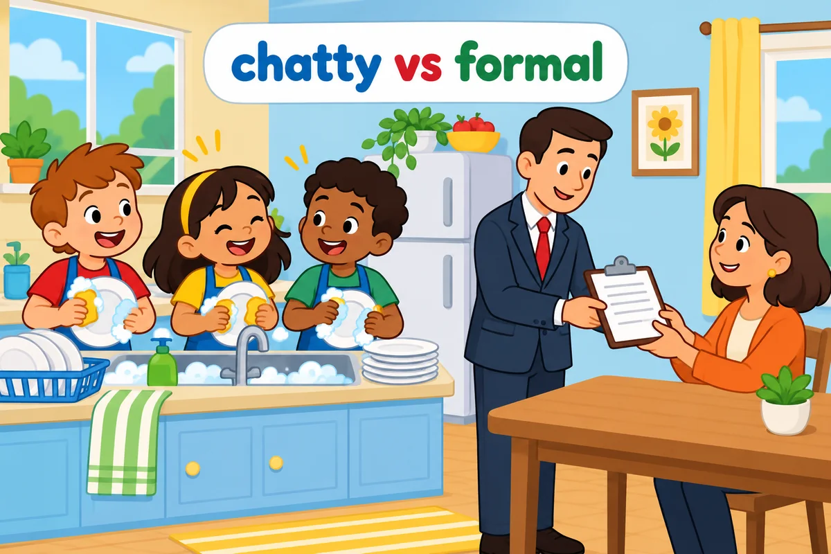 A single cartoon scene contrasts children helping cheerfully with an official handing over a clipboard.