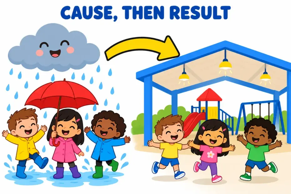 Cartoon children show rain clouds linked by a bold arrow to a covered playground, showing hence in a sentence as cause leading to result.