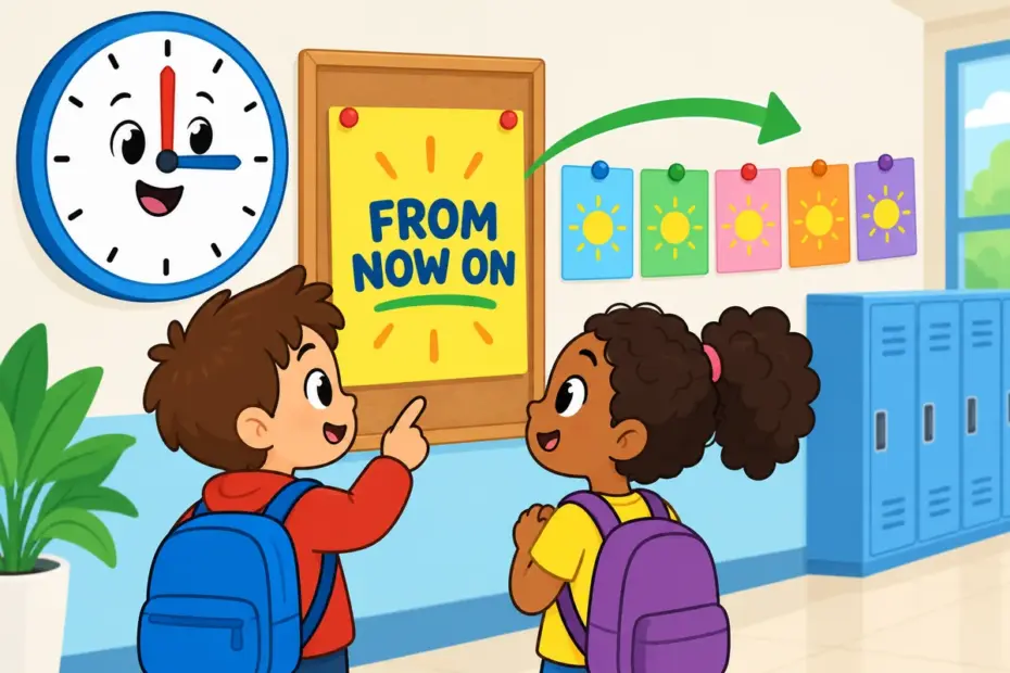 Cartoon pupils read a notice board beside a clock set to now, showing henceforth in a sentence as a rule that starts today.