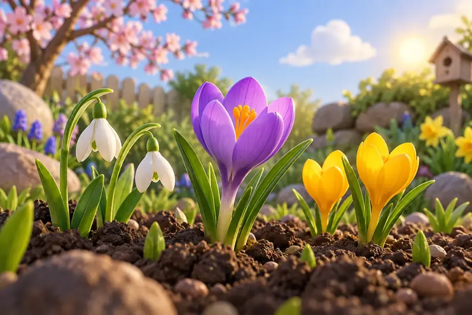 First spring flowers rise through soil in a bright garden.