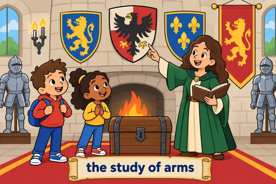 Cartoon children study a shield and banner in a museum, illustrating heraldry in a sentence as the system of coats of arms.