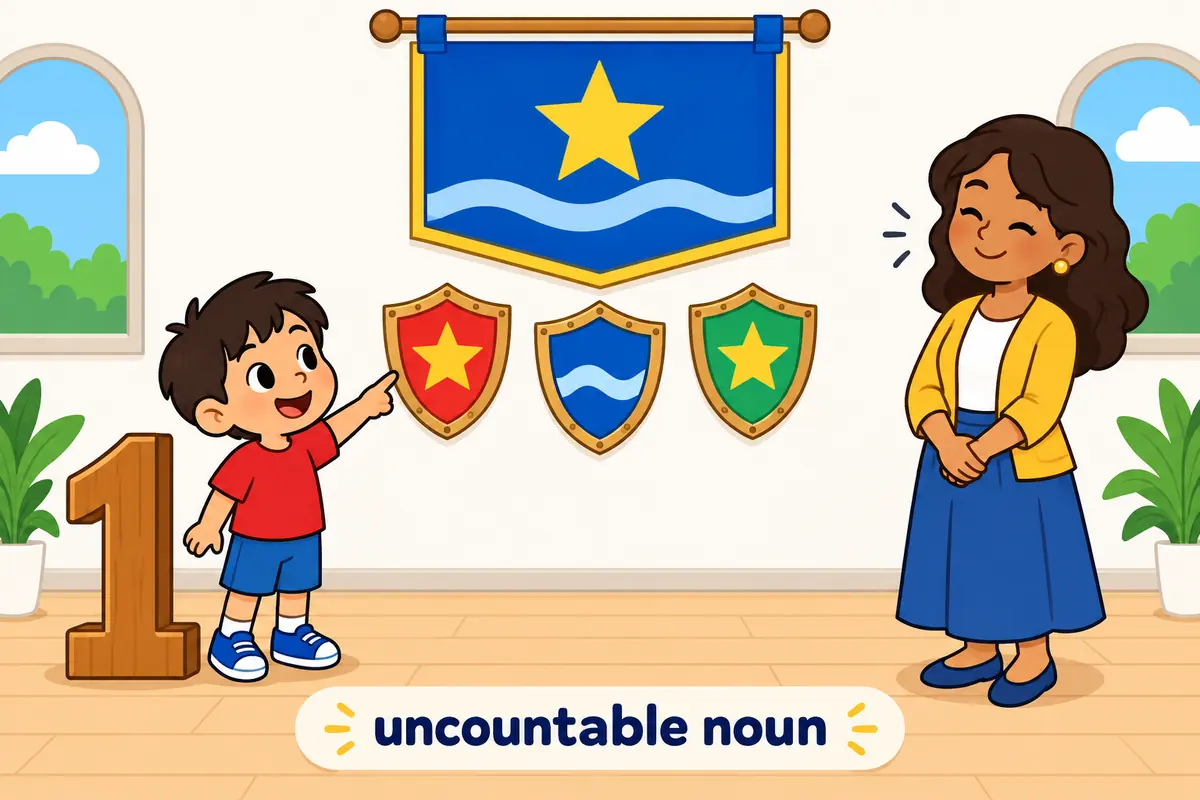 A cartoon child points at three shields while one large banner above them shows a single symbol, stressing that heraldry is uncountable.