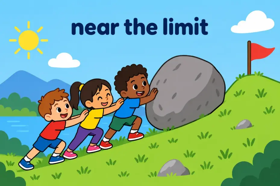 Cartoon children push a huge boulder together up a slope, illustrating herculean in a sentence as effort near the limit of strength.