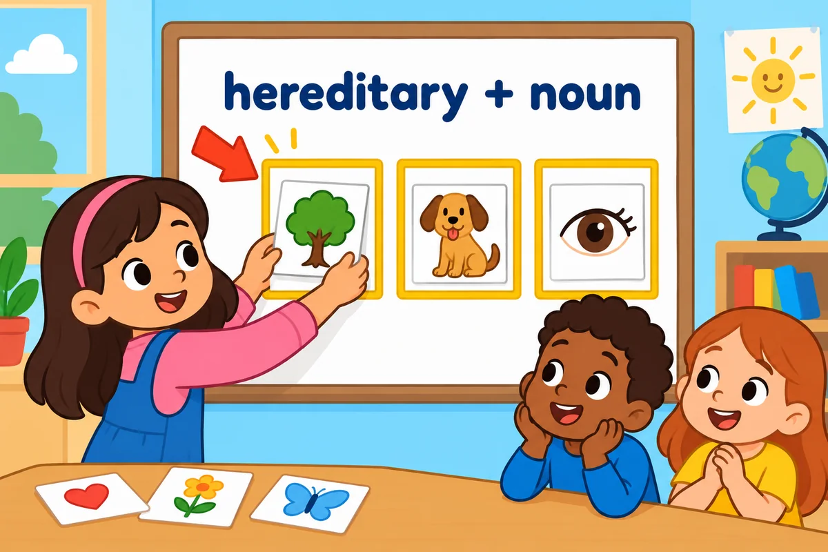 Cartoon cards show a condition, a title and a trait placed after the word hereditary in a sentence frame.