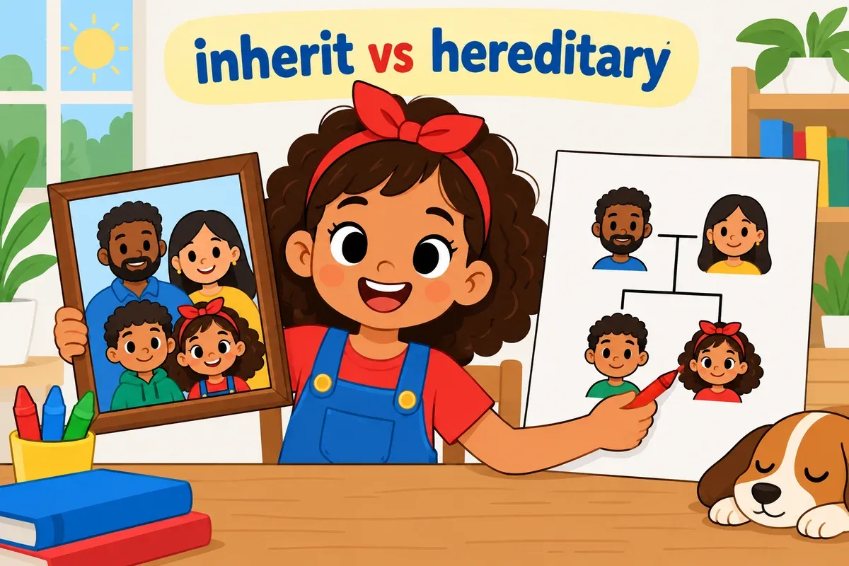 A cartoon child points from an old family portrait to a gene chart, showing hereditary and inherited together in one scene.