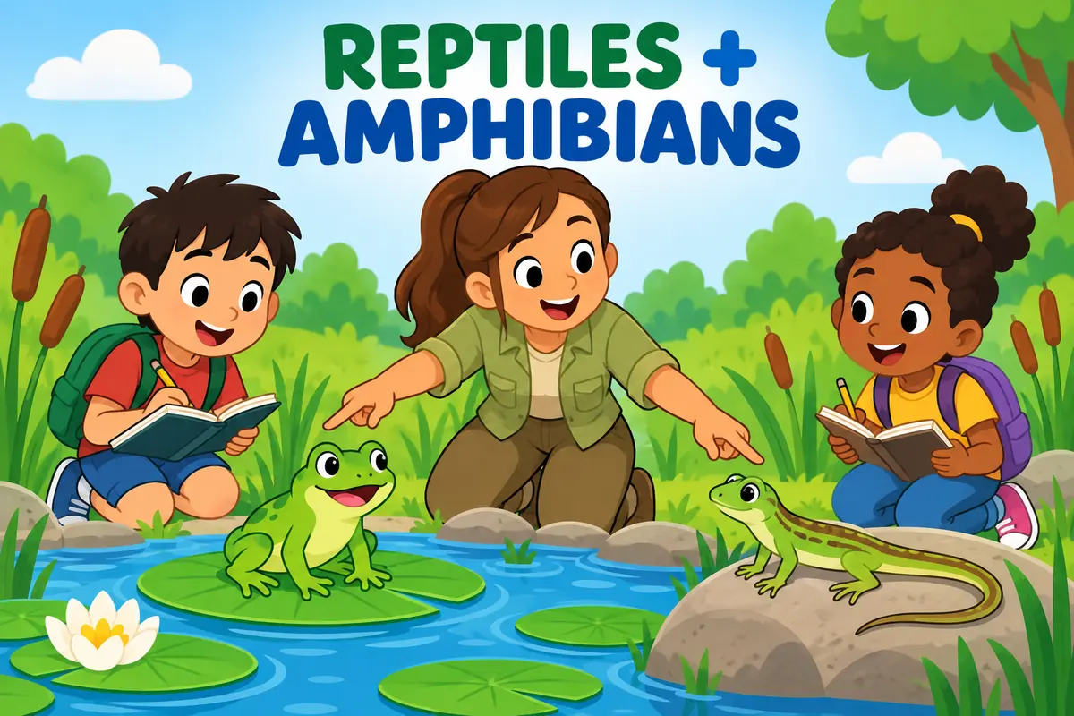 Cartoon children with notebooks watch a frog and a lizard by a pond, showing herpetology in a sentence as the study of both groups.