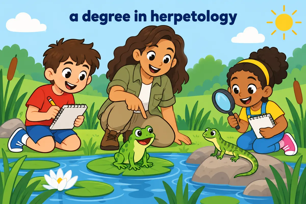 Cartoon students with notebooks and a magnifier observe a friendly frog and a lizard beside a pond.