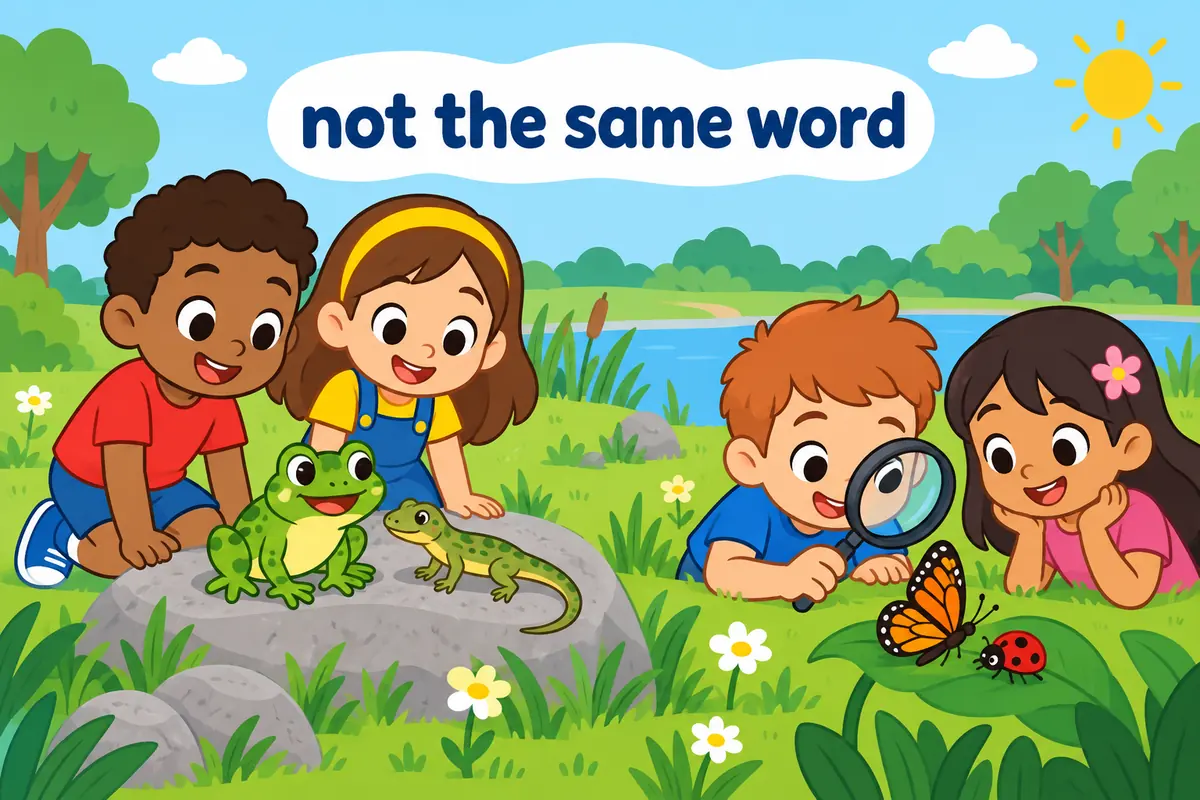 Cartoon single continuous scene contrasts children looking at a frog and lizard with children studying a butterfly and beetle.