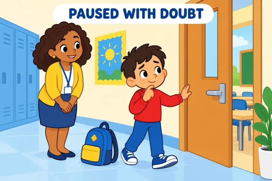 A cartoon child stands at a doorway with one foot forward, thoughtfully pausing beside a friendly adult, showing hesitant in a sentence.