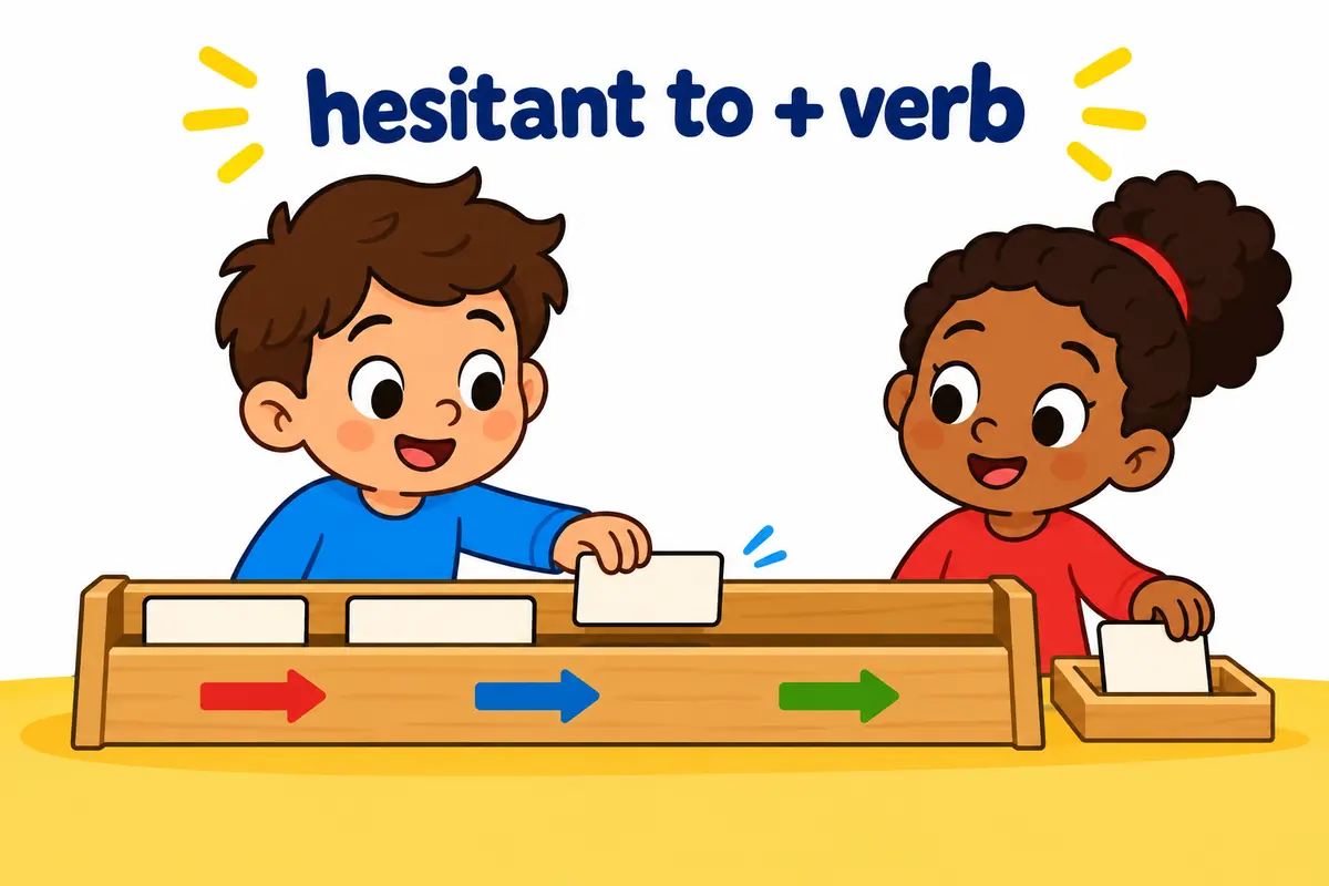 Two cartoon pupils build a sentence rail, sliding the card go onto the track after hesitant to while an -ing card is set aside.