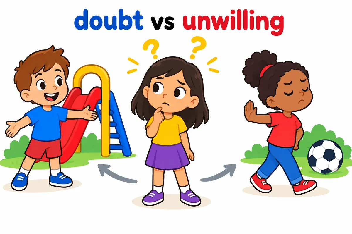 A unified cartoon scene shows Hesitant is doubt still being weighed; reluctant is a decision already made against the action.