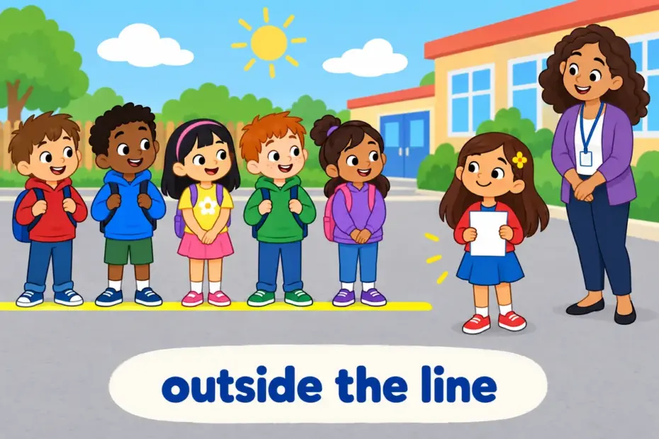 A cartoon pupil steps outside a painted line of children to show a heterodox idea breaking from the accepted position.