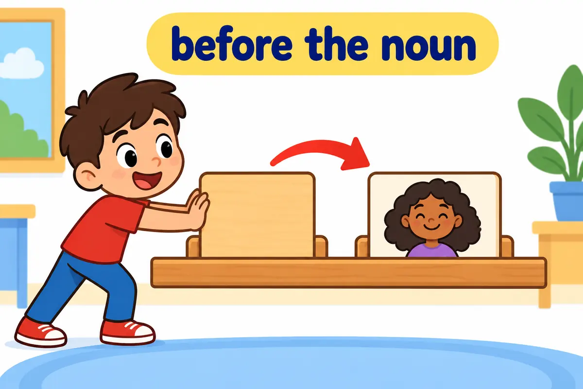 A cartoon pupil slots a word card into the space just before a picture card of a person.