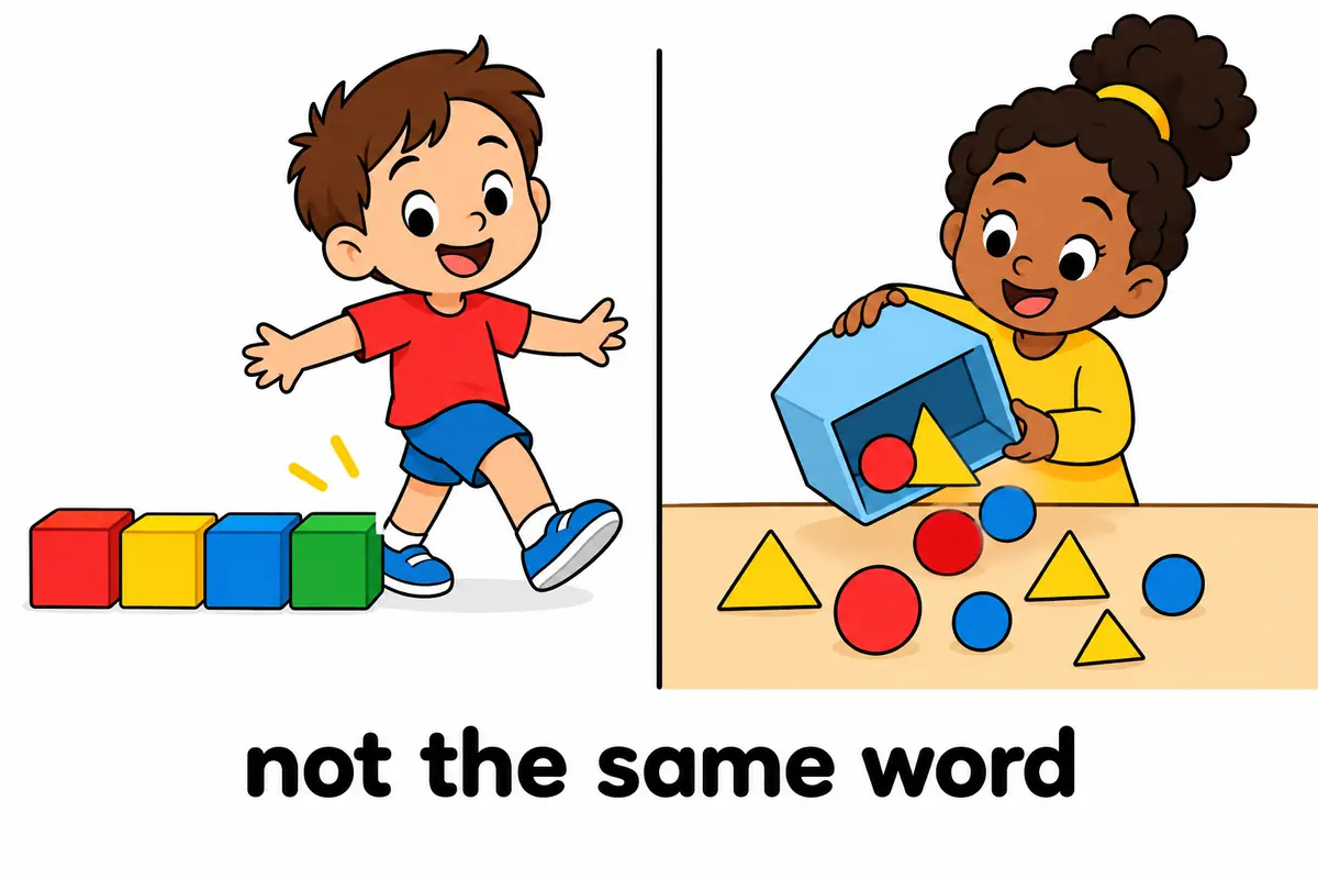 Two cartoon panels contrast a child stepping out of a line with a box of mixed shapes.