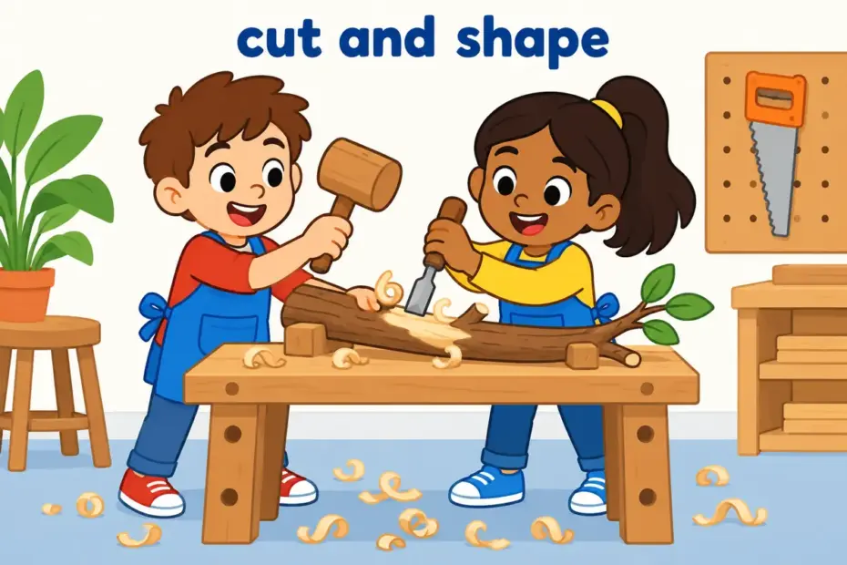 Cartoon children shape a branch with a wooden mallet at a workbench, showing hew in a sentence as cutting and shaping.