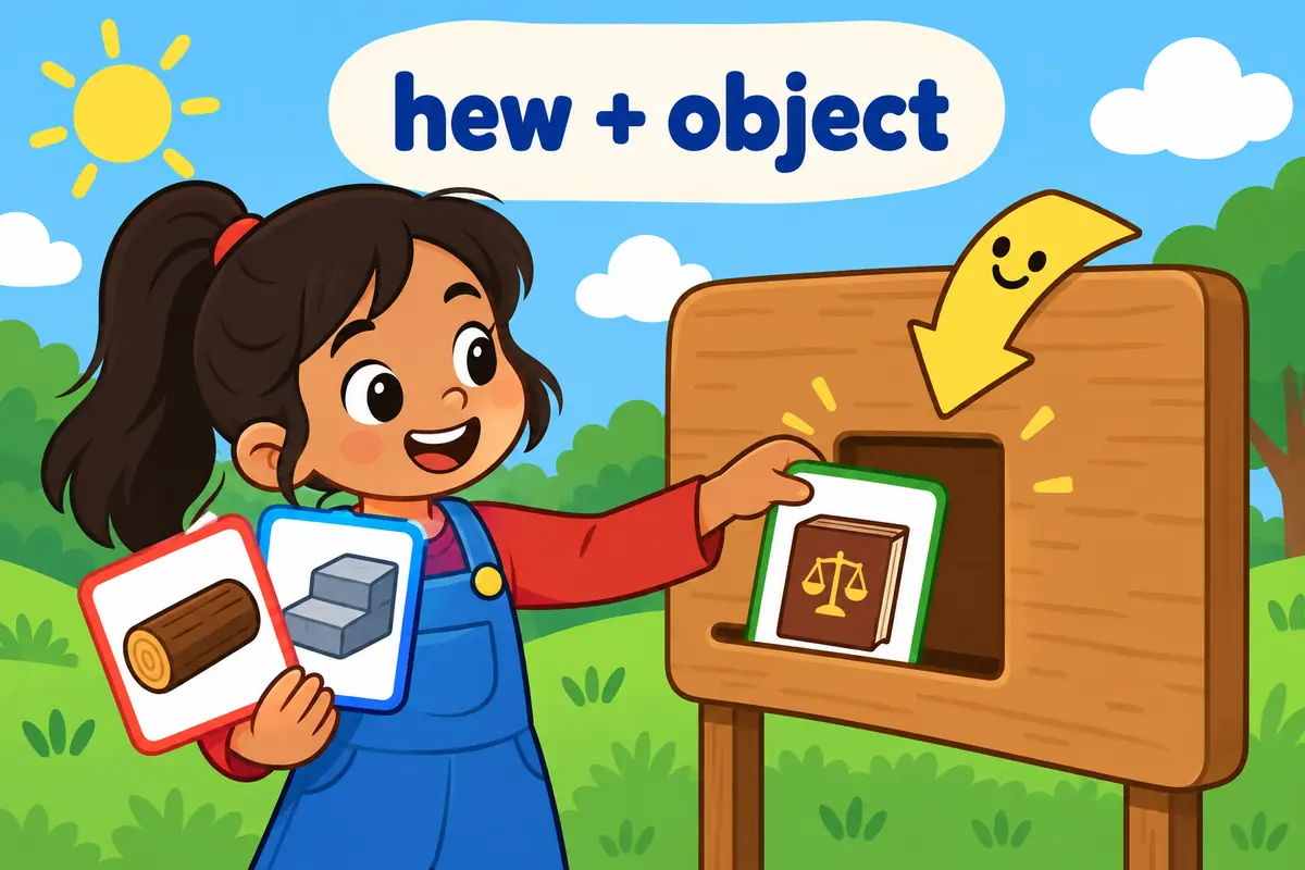Three cartoon cards show a log, a stone step and a rulebook slotting after the verb hew to complete a sentence.