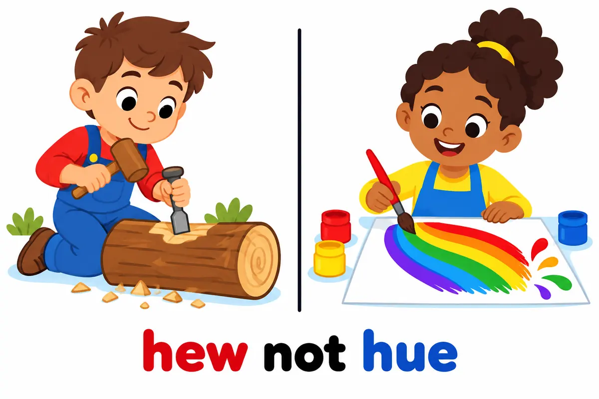 A cartoon split scene contrasts a woodcutter shaping a log with a luminous colour splash labelled as a different word.