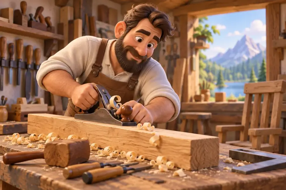 A carpenter shaping a timber with hand tools.