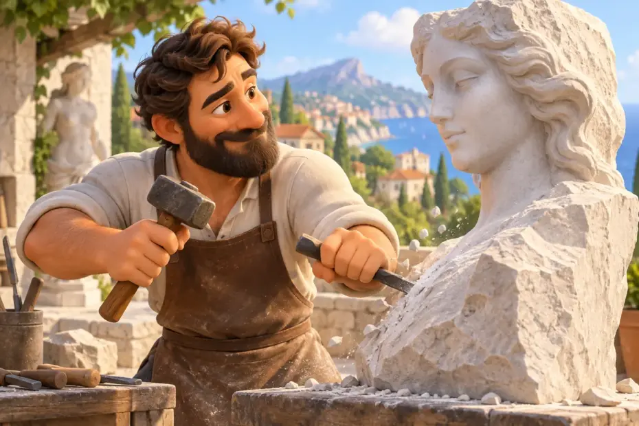 A sculptor shaping stone with a chisel.