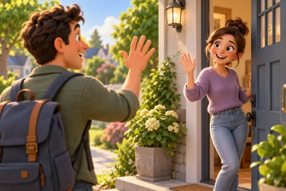 A person waves a greeting to a friend at a doorway.