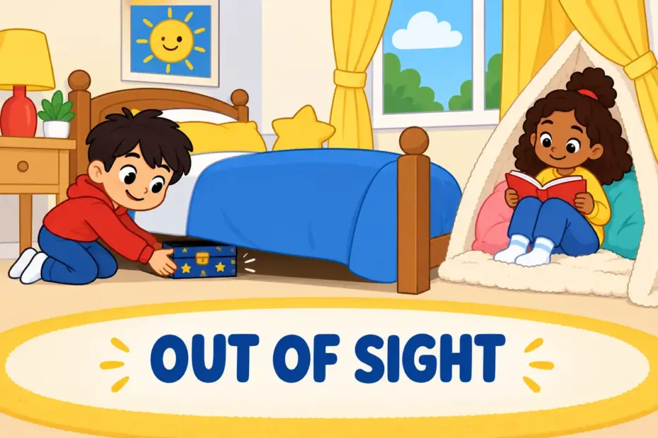 Cartoon children tuck a keepsake box under a bed and settle into a quiet nook, showing hide away in a sentence.