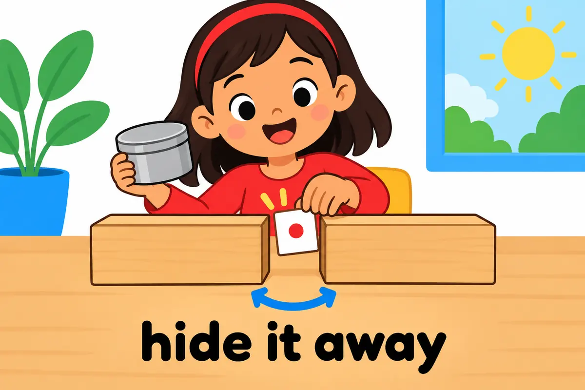 Cartoon cards show a tin sliding apart as a small pronoun card slots between the words hide and away.