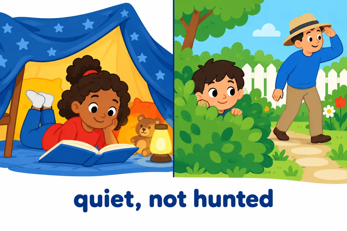 A cartoon split scene contrasts a child reading peacefully in a blanket fort with a child peeping from a bush as a friendly figure searches.
