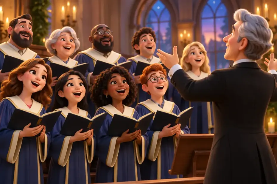A choir holds open songbooks beside a conductor.