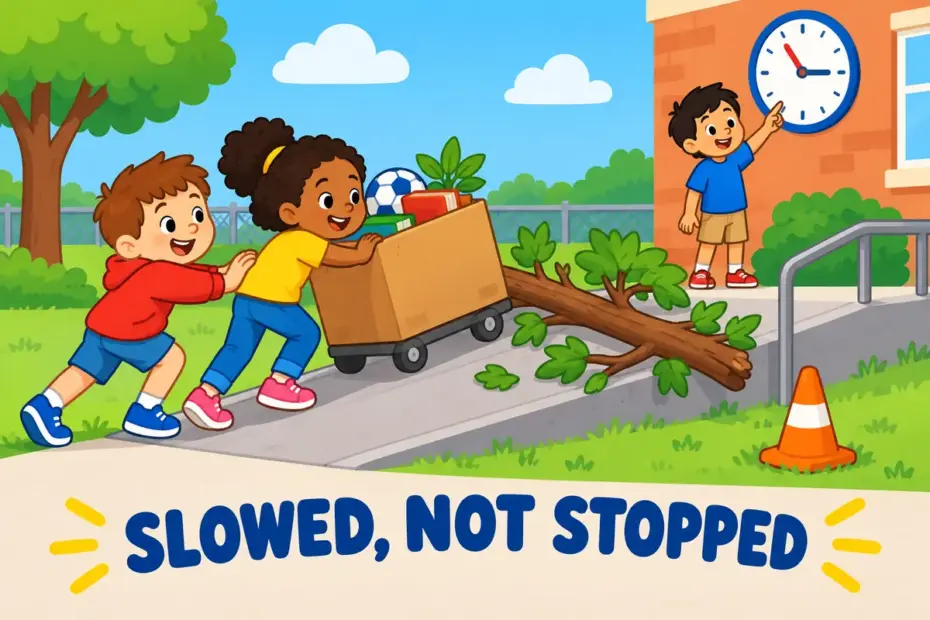 Cartoon children push a box up a ramp while a fallen branch slows them, showing hinder in a sentence as an obstacle that delays.