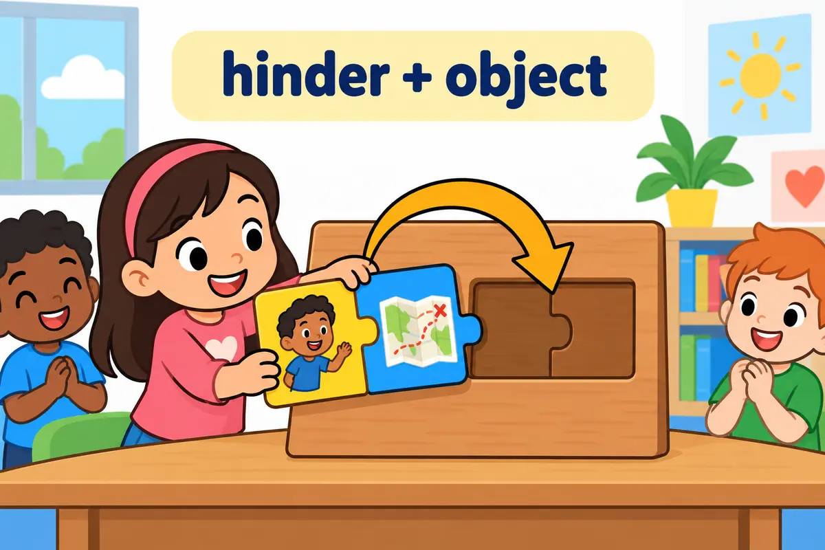 A cartoon arrow points from the verb hinder to a child and a project card, showing that the verb always needs an object.