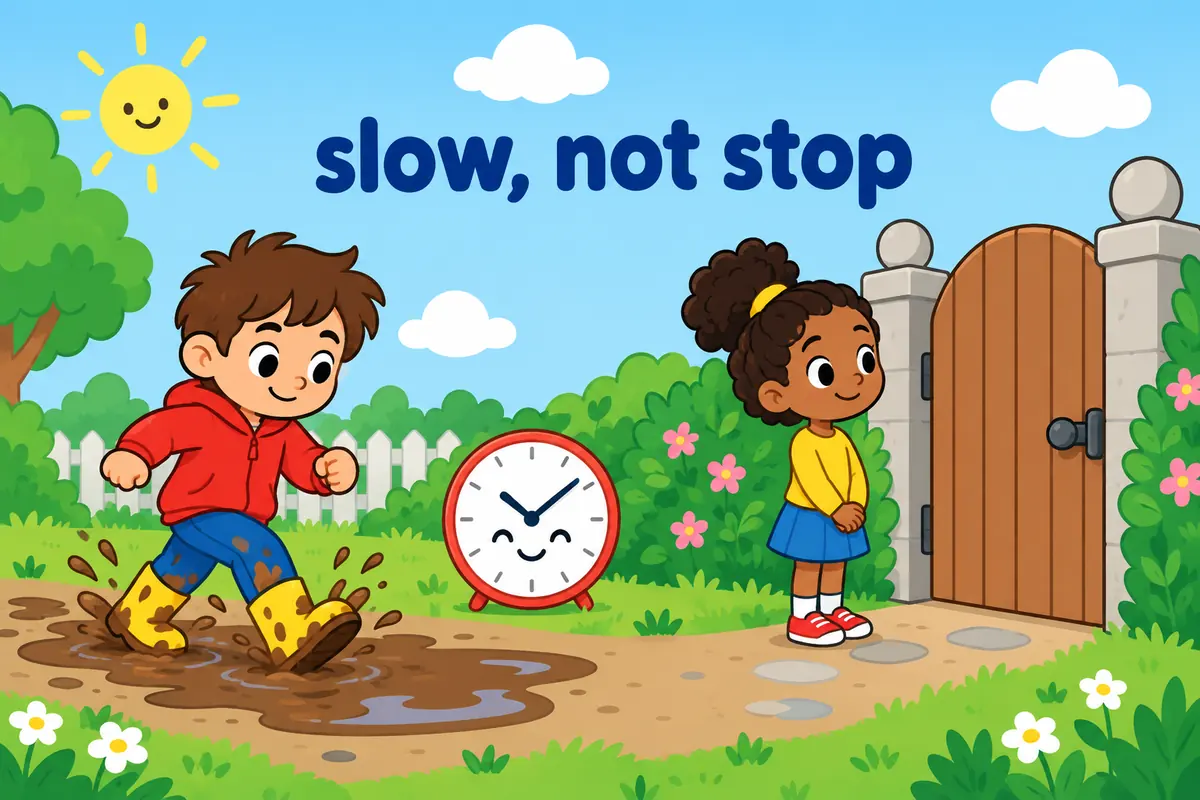 A cartoon single continuous scene contrasts a child slowed by deep mud on a path with a child halted by a closed gate.