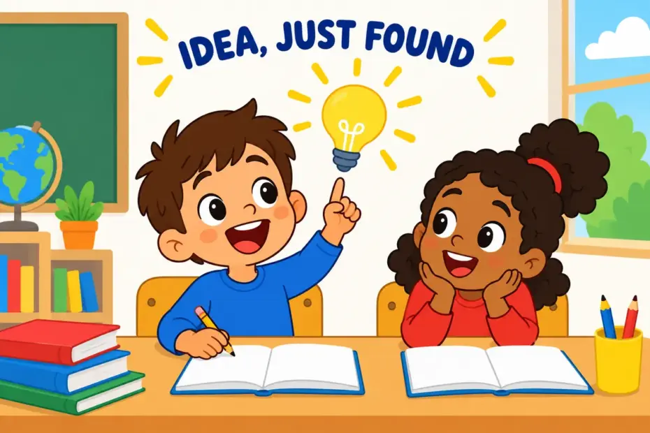 Cartoon child suddenly raises a finger with a bright idea, showing hit on in a sentence as discovering a solution on the spot.