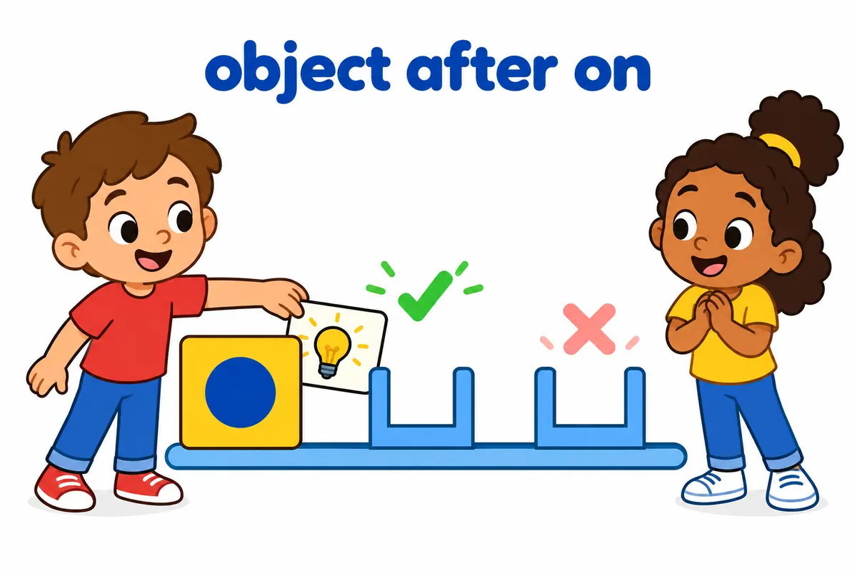 A child places a light-bulb picture after a blank block, showing that hit on takes a direct object.