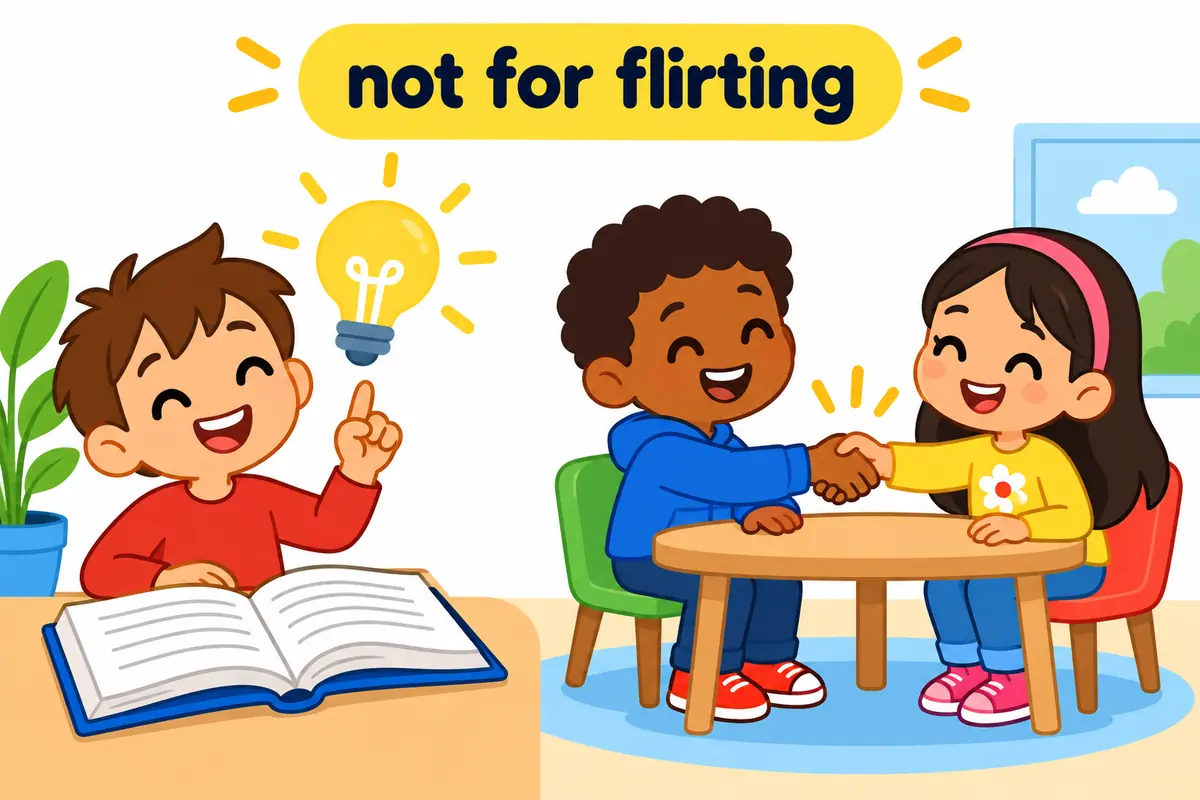 A single cartoon scene contrasts a child having a bright idea with a child politely shaking hands, showing the two senses apart.