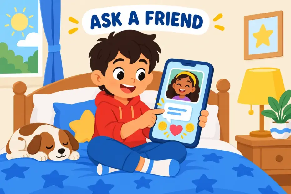 Cartoon child sends a friendly phone message to hit up a friend for a small loan, with two coins and a smile icon on screen.