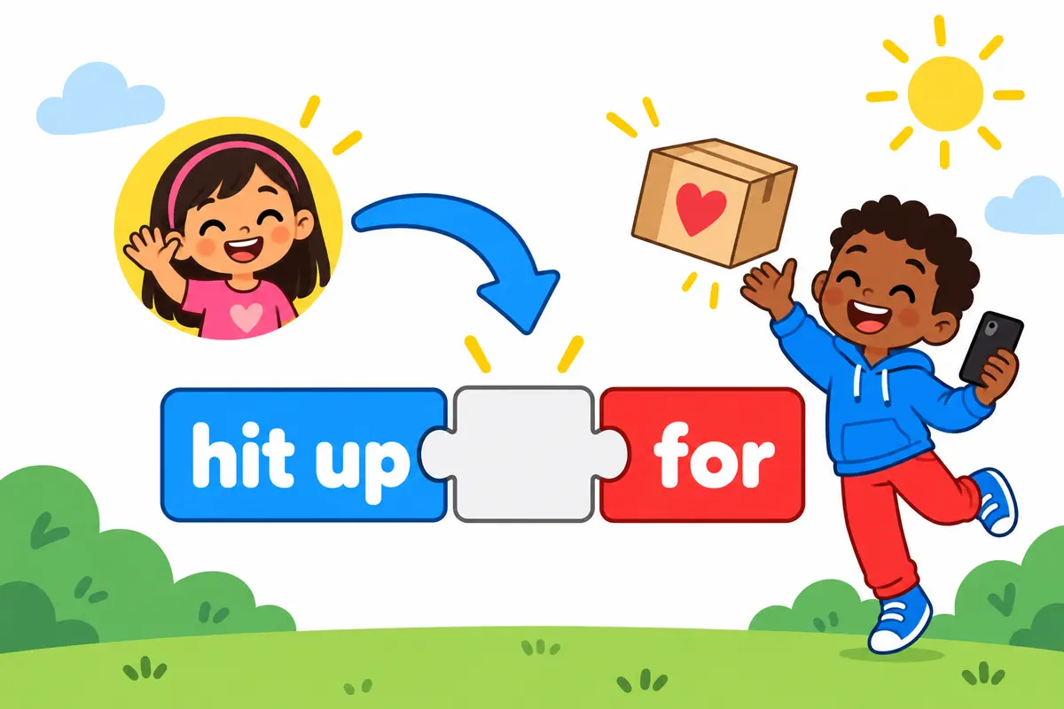 A cartoon child types a friendly message on a phone to hit up a friend, with a small person card sliding into the middle of the verb.