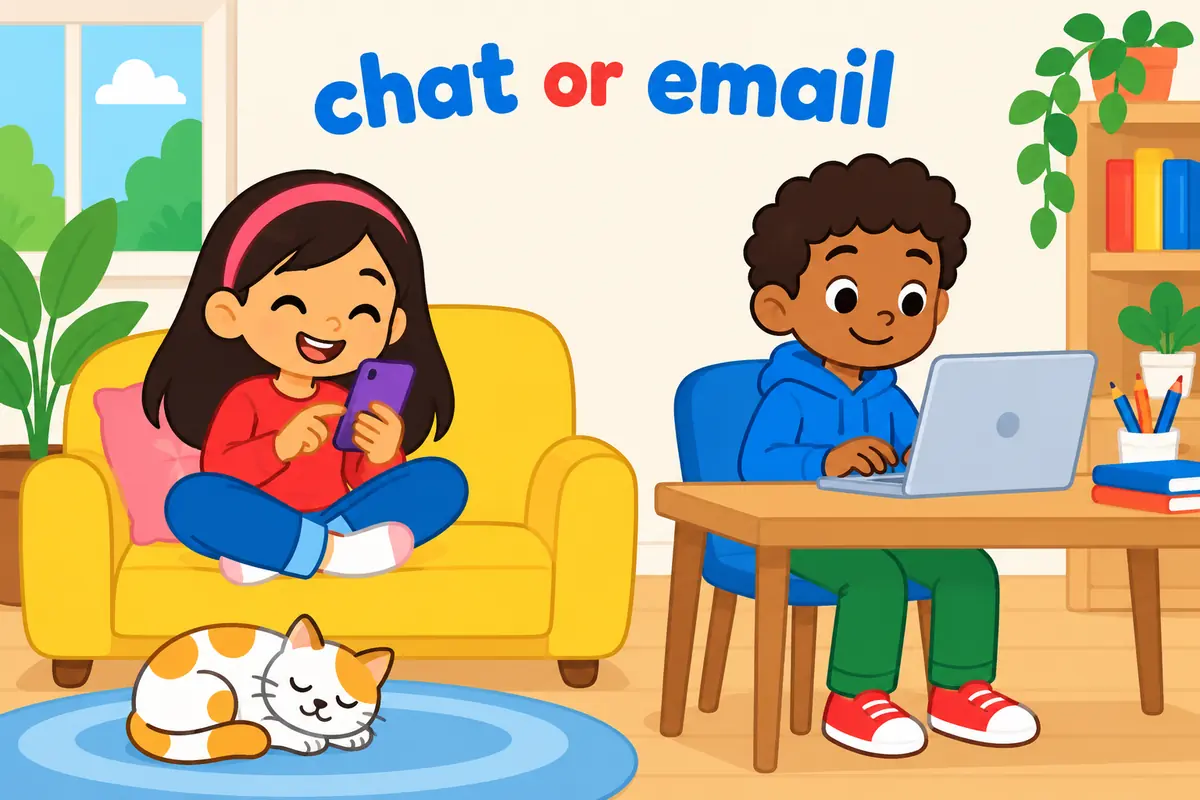 A single cartoon scene contrasts a child casually messaging a friend with a child writing a polite email, showing hit up beside ask.