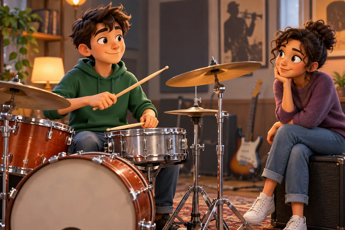 A drummer practices a steady beat while another musician listens nearby.