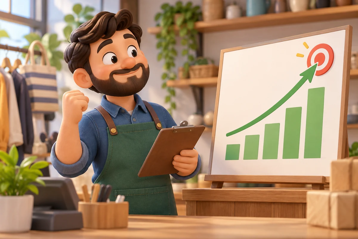A shop owner checks a simple upward sales chart after reaching a weekly goal.